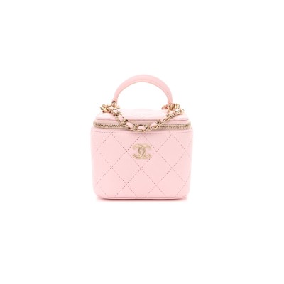 CHANEL LAMBSKIN QUILTED MINI TOP HANDLE VANITY CASE WITH CHAIN LIGHT PINK 1334686 (10*9*7cm)